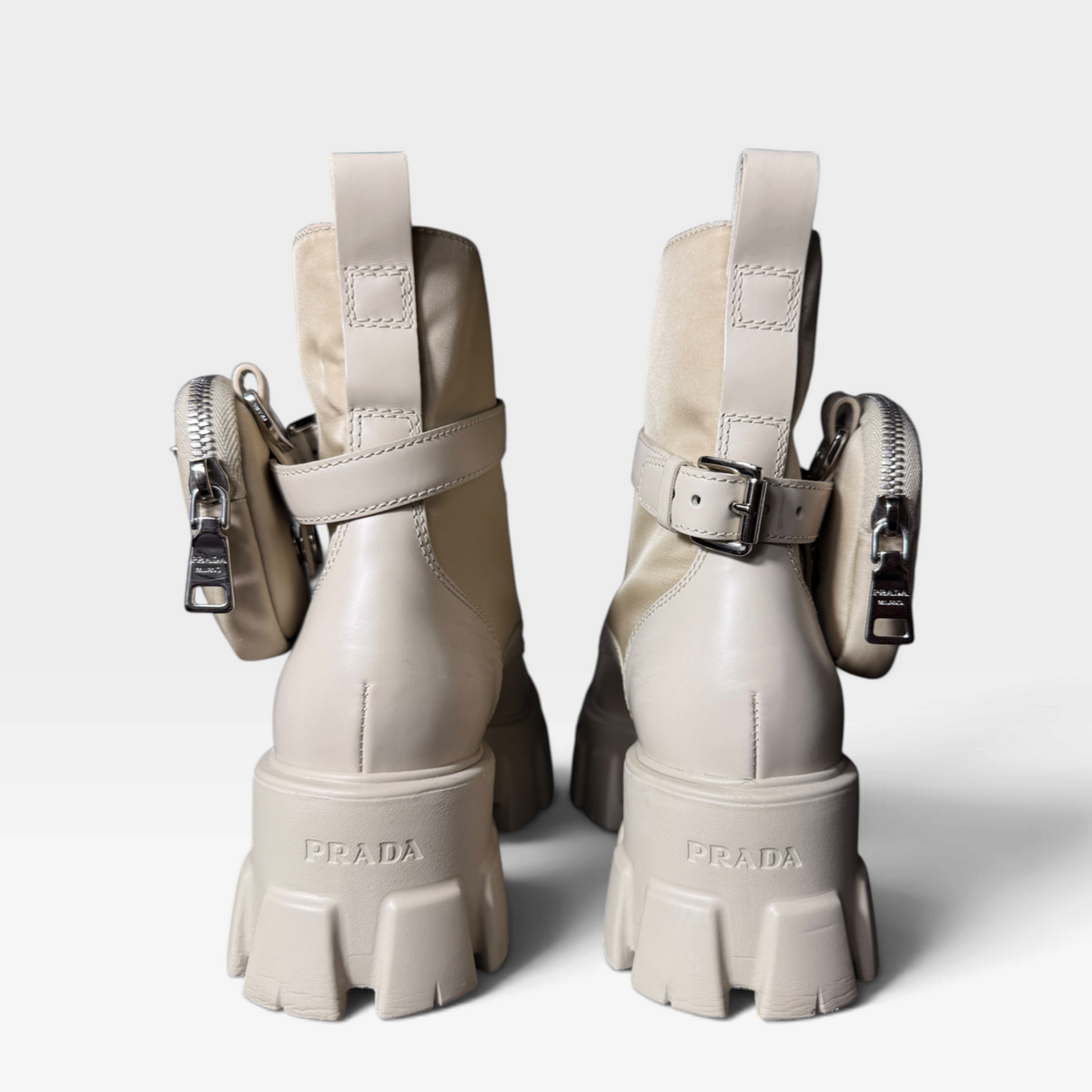 Prada Monolith Re-Nylon &amp; Leather Combat Boots with Pouch