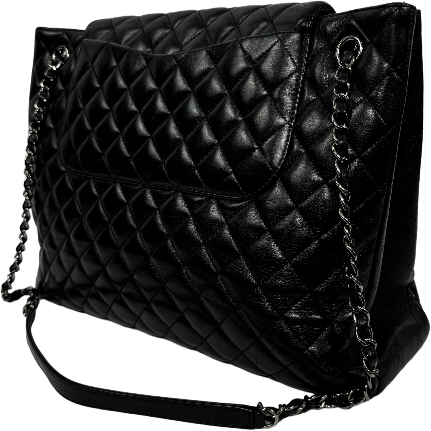 CHANEL Black Lamb “Paris-Edinburgh” Quilted Flap Tote 2014 with Silver Hardware