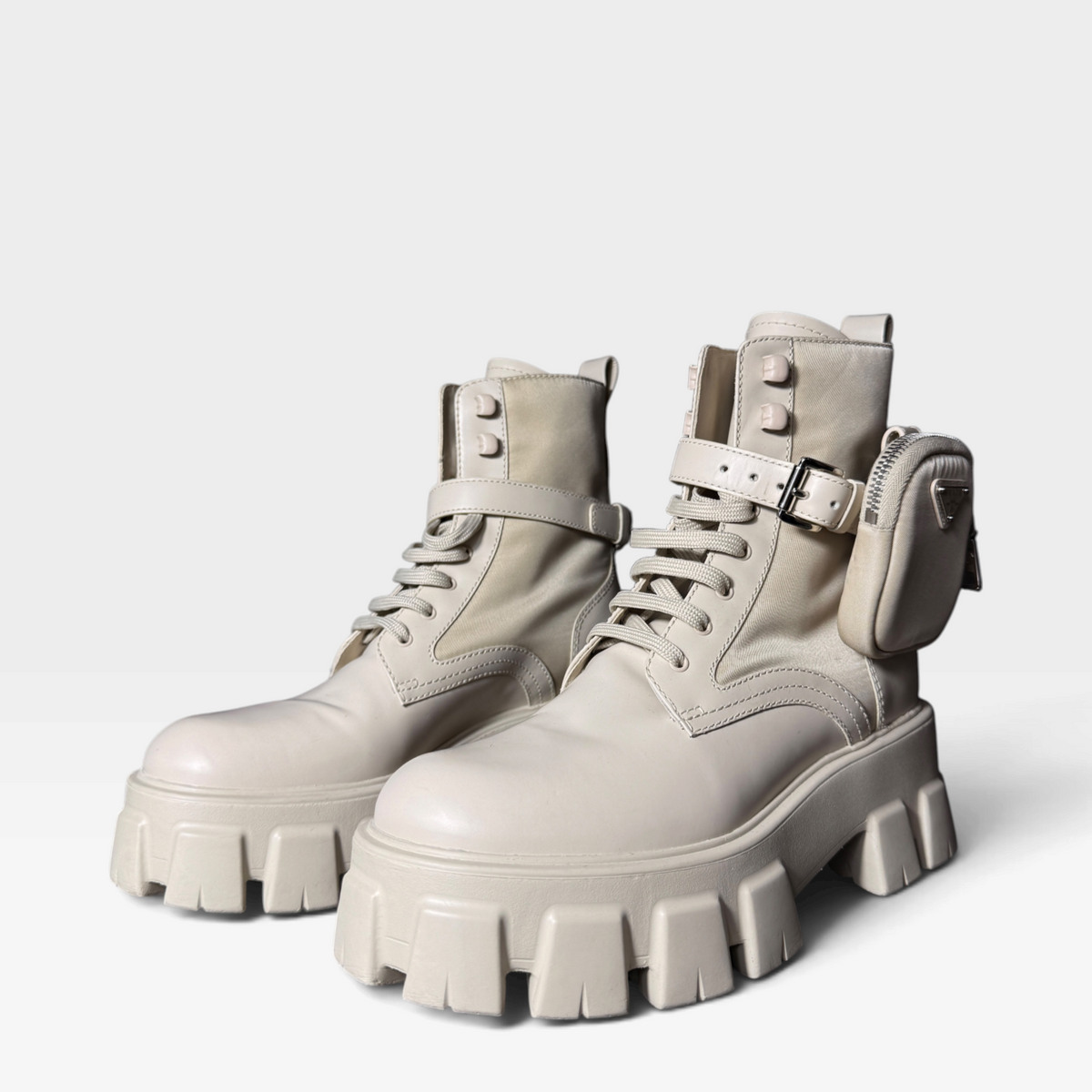 Prada Monolith Re-Nylon &amp; Leather Combat Boots with Pouch