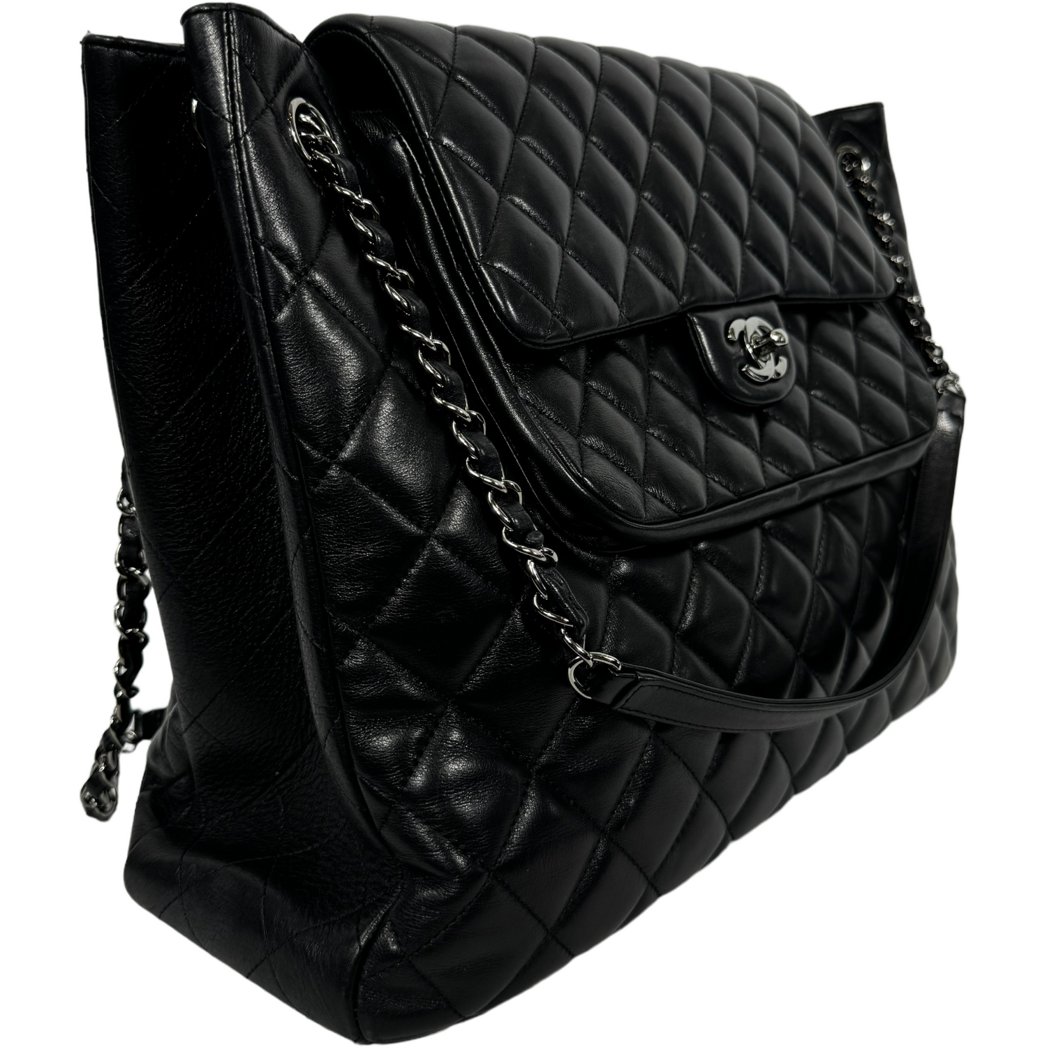 CHANEL Black Lamb “Paris-Edinburgh” Quilted Flap Tote 2014 with Silver Hardware