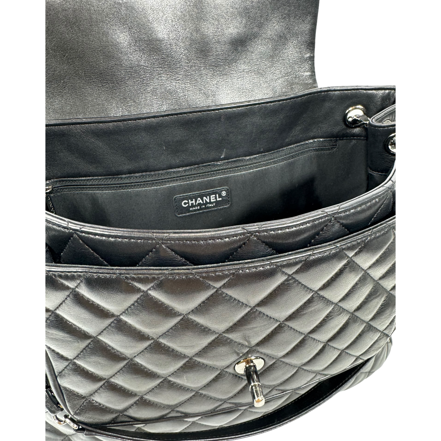 CHANEL Black Lamb “Paris-Edinburgh” Quilted Flap Tote 2014 with Silver Hardware