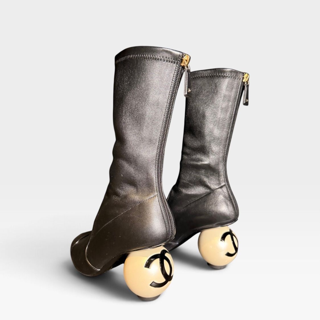 Chanel Stretch Cap Toe Pearl Ball Mid Calf Boots