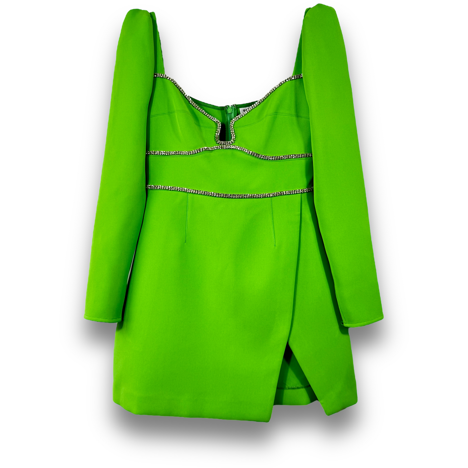 SELF PORTRAIT green mini runway dress with slit & crystal trim detail