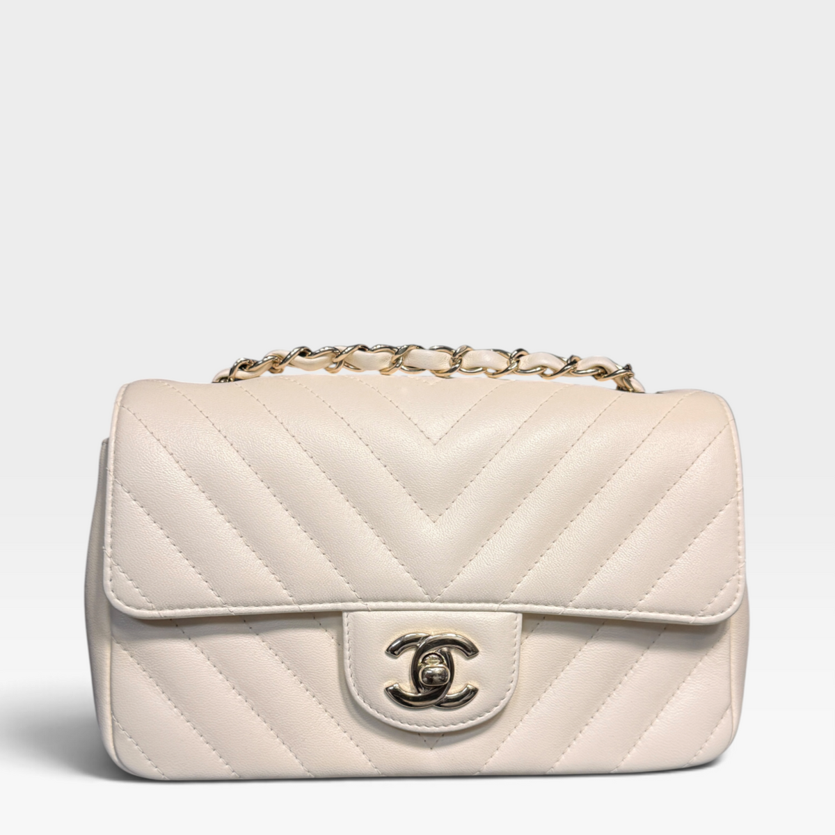 Chanel Mini Rectangular Flap - Ivory Chevron Leather, Gold Hardware