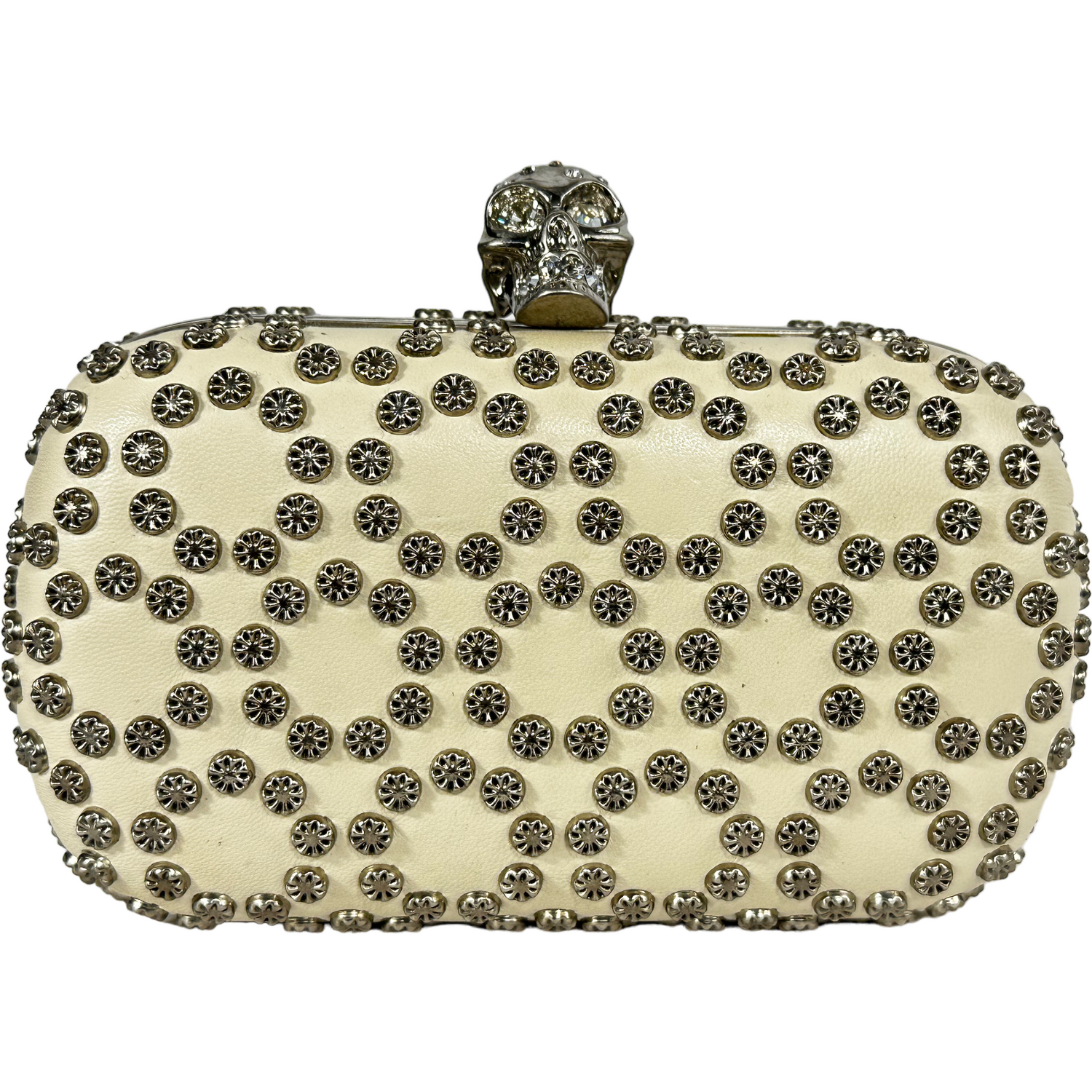 Beige box clutch bag with silvered beads and studs, rare collectors item.