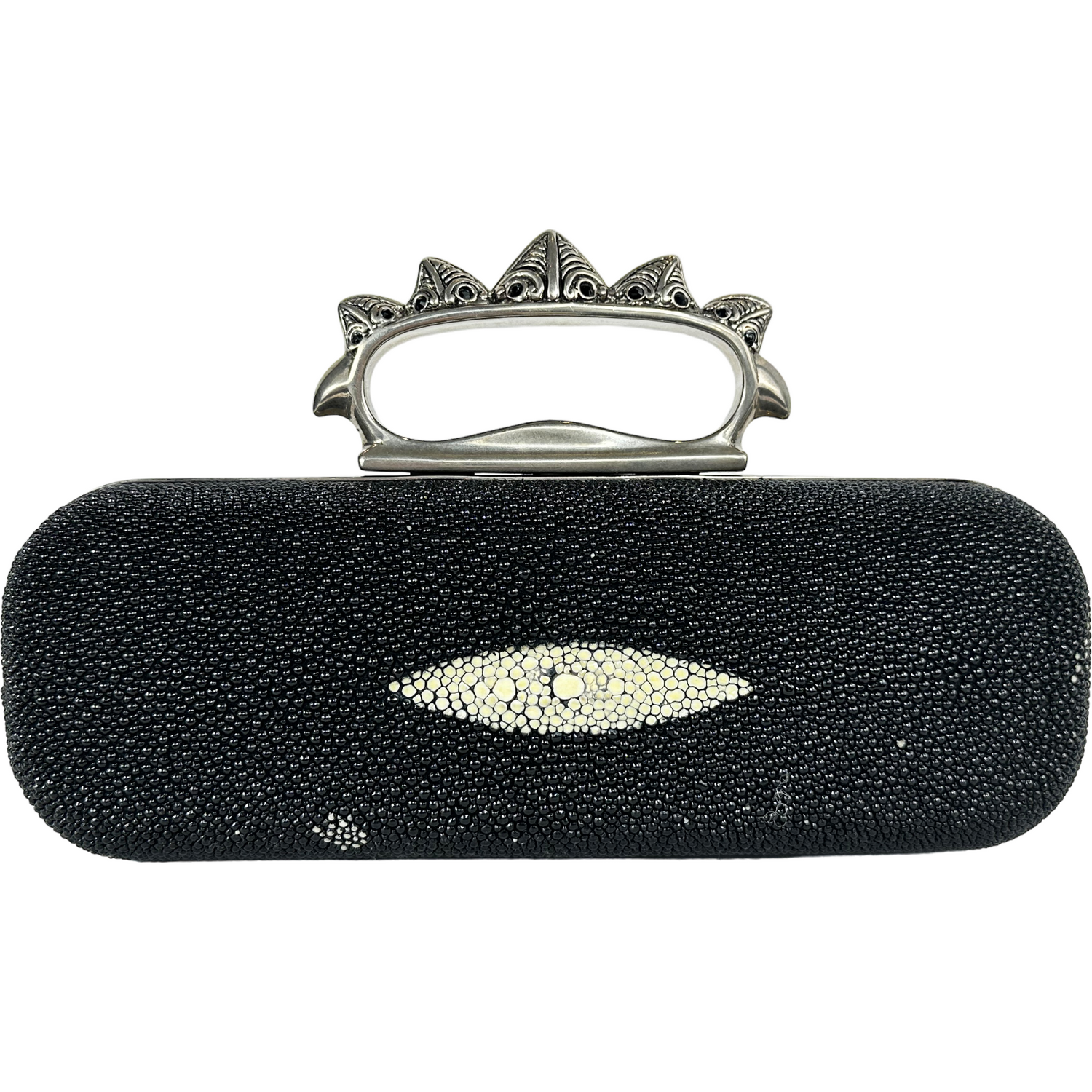 Black large exotic clutch with metal clip fastening, rare collectors item