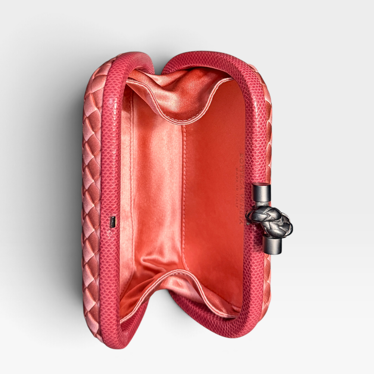 Bottega Veneta Knot Clutch - Pink Satin with Python Trim