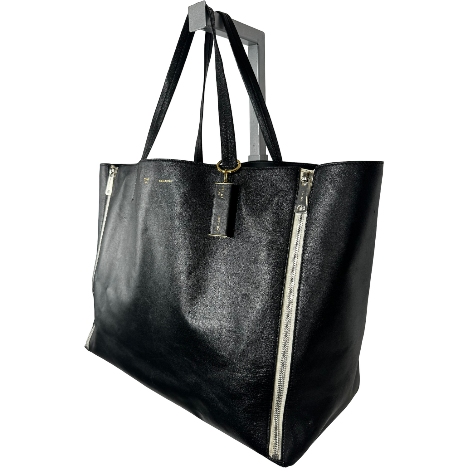 Celine Black Leather Gusset Cabas Zip Tote