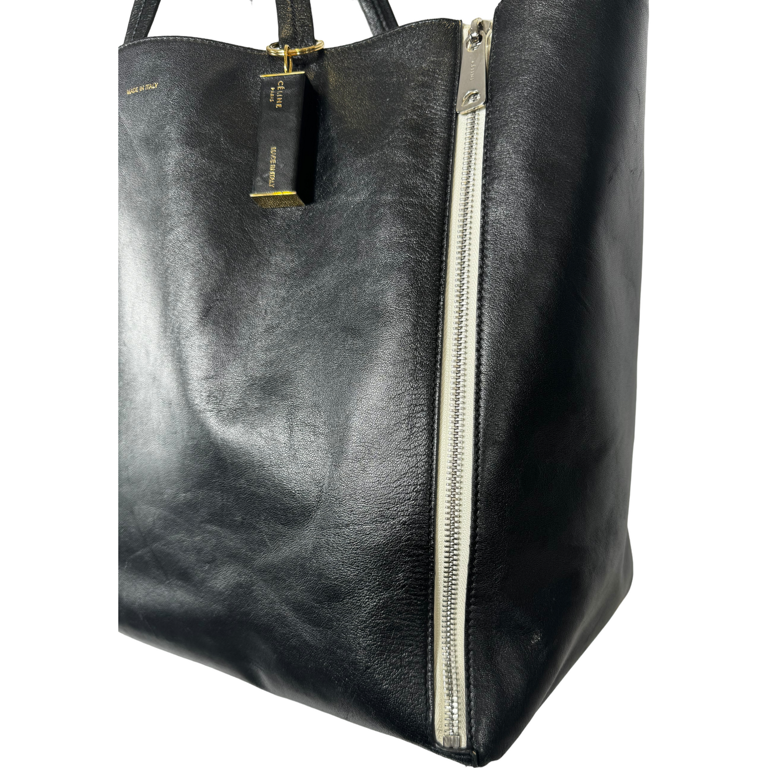 Celine Black Leather Gusset Cabas Zip Tote